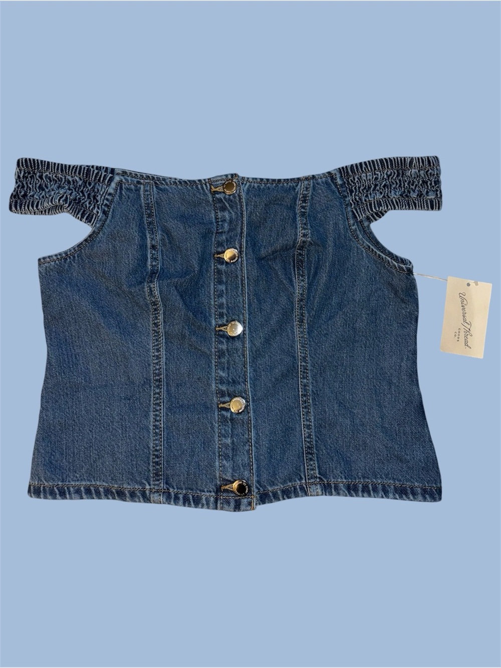 Universal Thread Off the Shoulder Button Front Medium Wash Denim Top